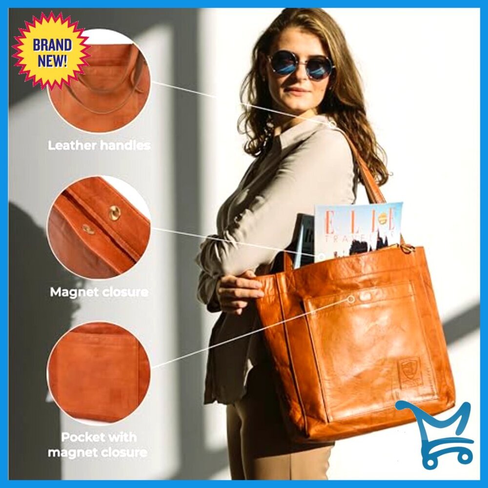 Large Genuine Leather Tote Bag with Detachable Pouch and Magnetic Closure - Picture 5 of 7